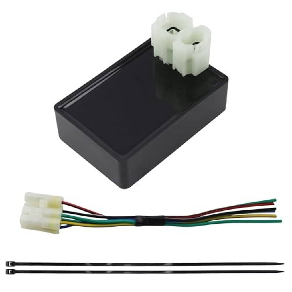Black CDI module box with white connector plug and attached multi-color wire harness