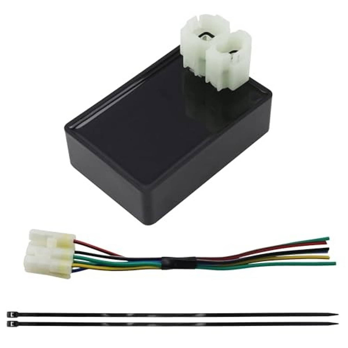 Black CDI module box with white connector plug and attached multi-color wire harness