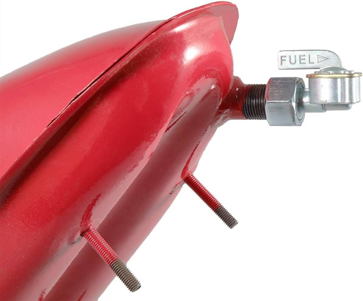Red fuel tank with external threaded fuel valve fitting and mounting bolts