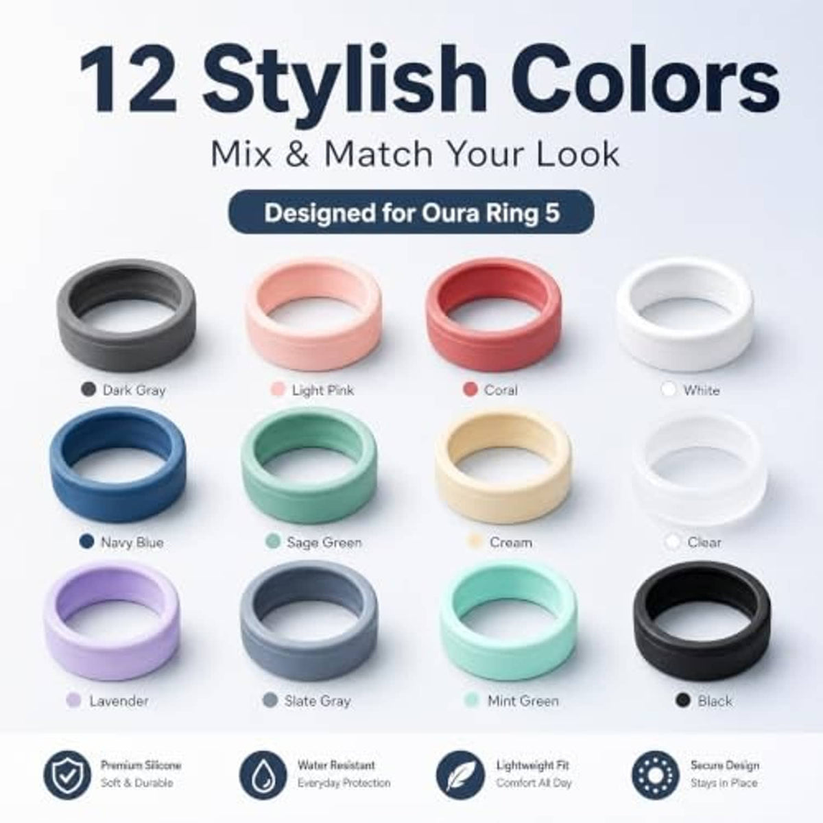 Color assortment of silicone ring covers, including dark gray, pink, coral, cream, black