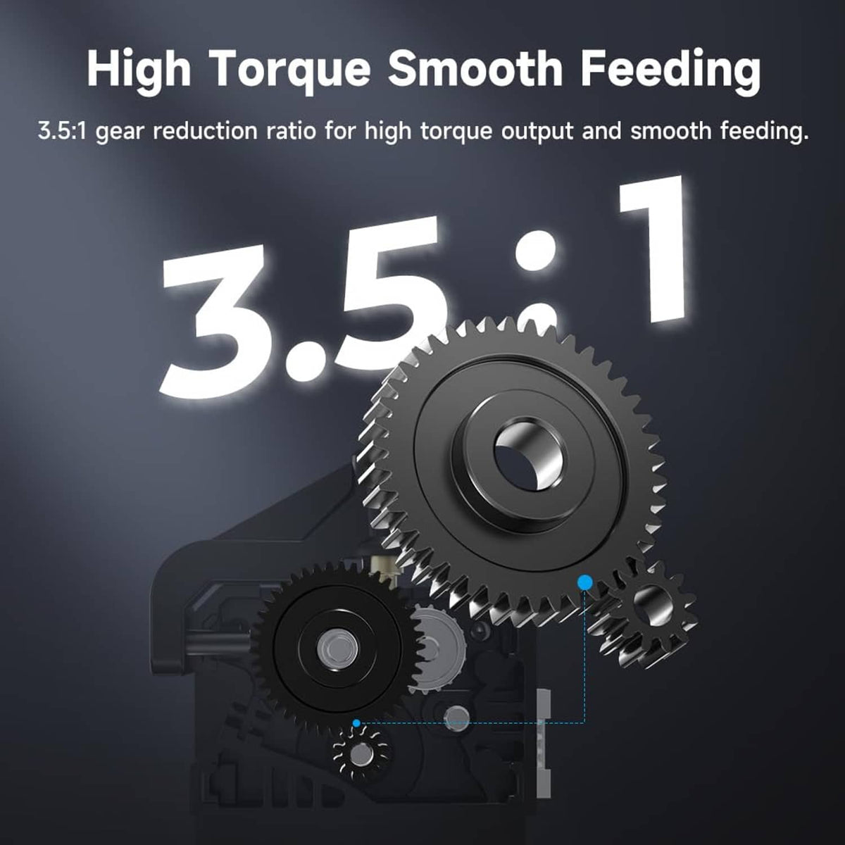 Gear mechanism close-up for smooth high-torque feeding on black extruder