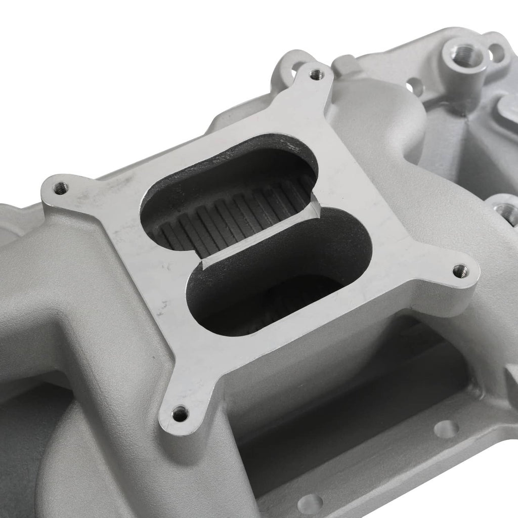 Dual-plane intake manifold with two oval intake ports and mounting bolt holes.