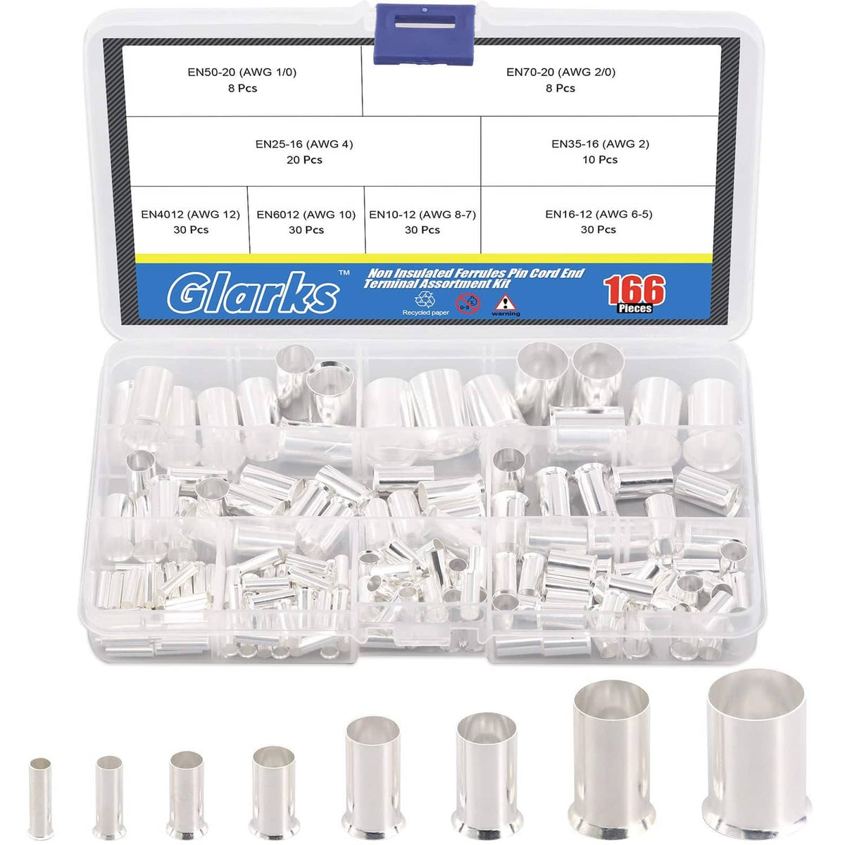 Glarks wire ferrules kit in clear plastic organizer, assorted silver insulated crimp ends