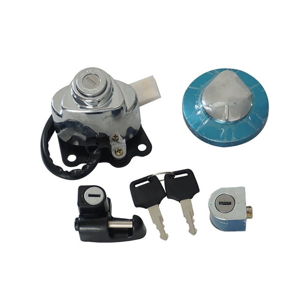 Ignition switch gas tank lock set with chrome cylinder, keys, and blue cap cover