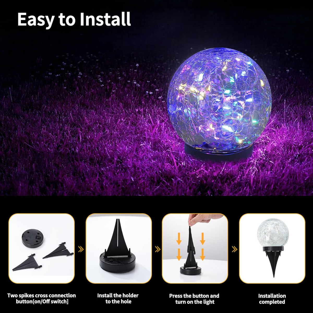 Single solar glass globe light with glowing multicolor crystal effect on stake
