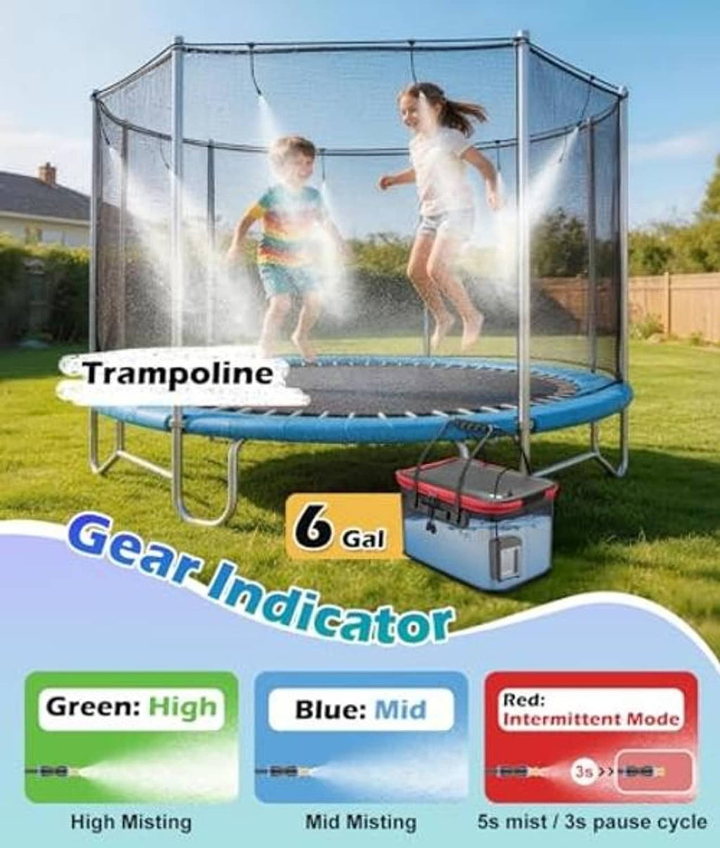Outdoor misting cooling system with 6-gal tank and mist spray over a trampoline