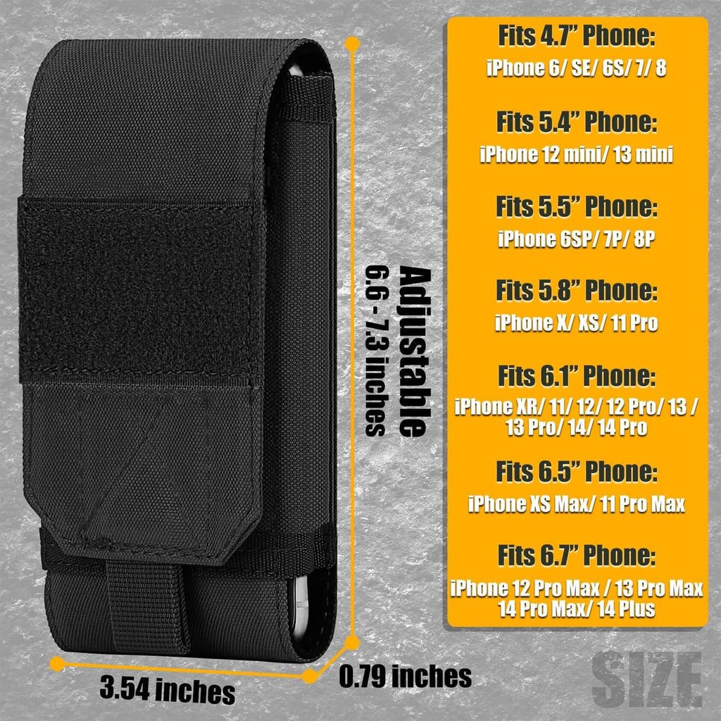 Black adjustable tactical phone pouch with belt loop and sewn MOLLE webbing