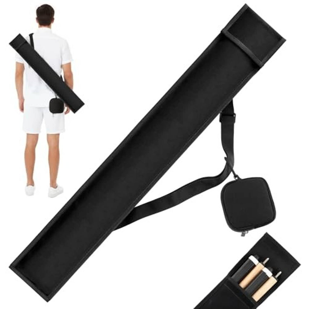 Black 2-butt pool cue case with shoulder carry strap and zip-up side pouch
