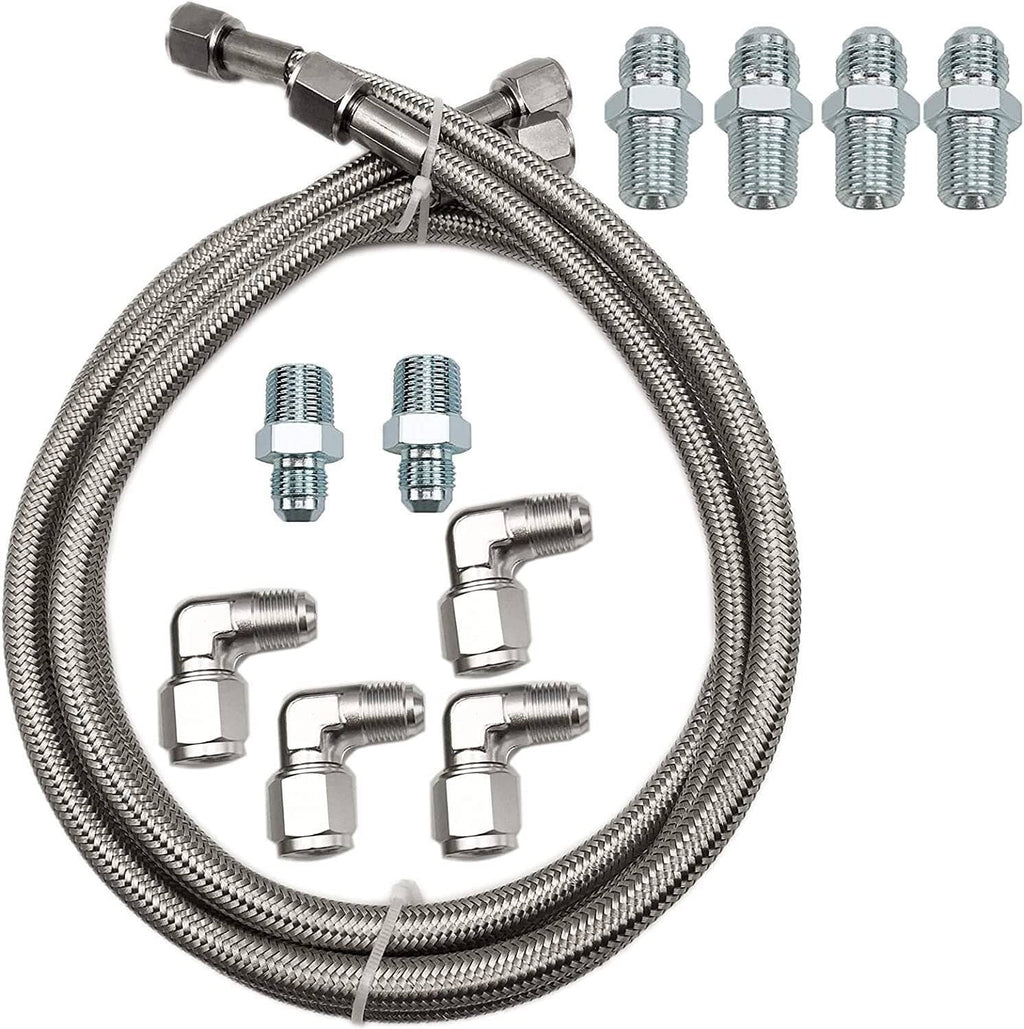 Stainless steel braided transmission cooler hose line kit with L-shaped and flare fittings