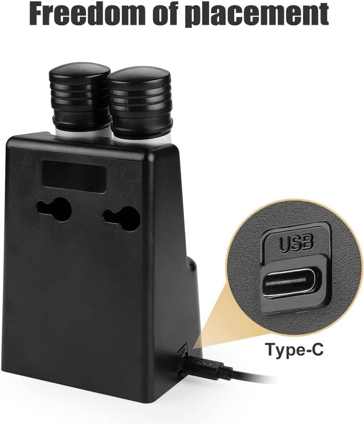Black charger dock with two 3.6V lithium cells, USB-C port for charging