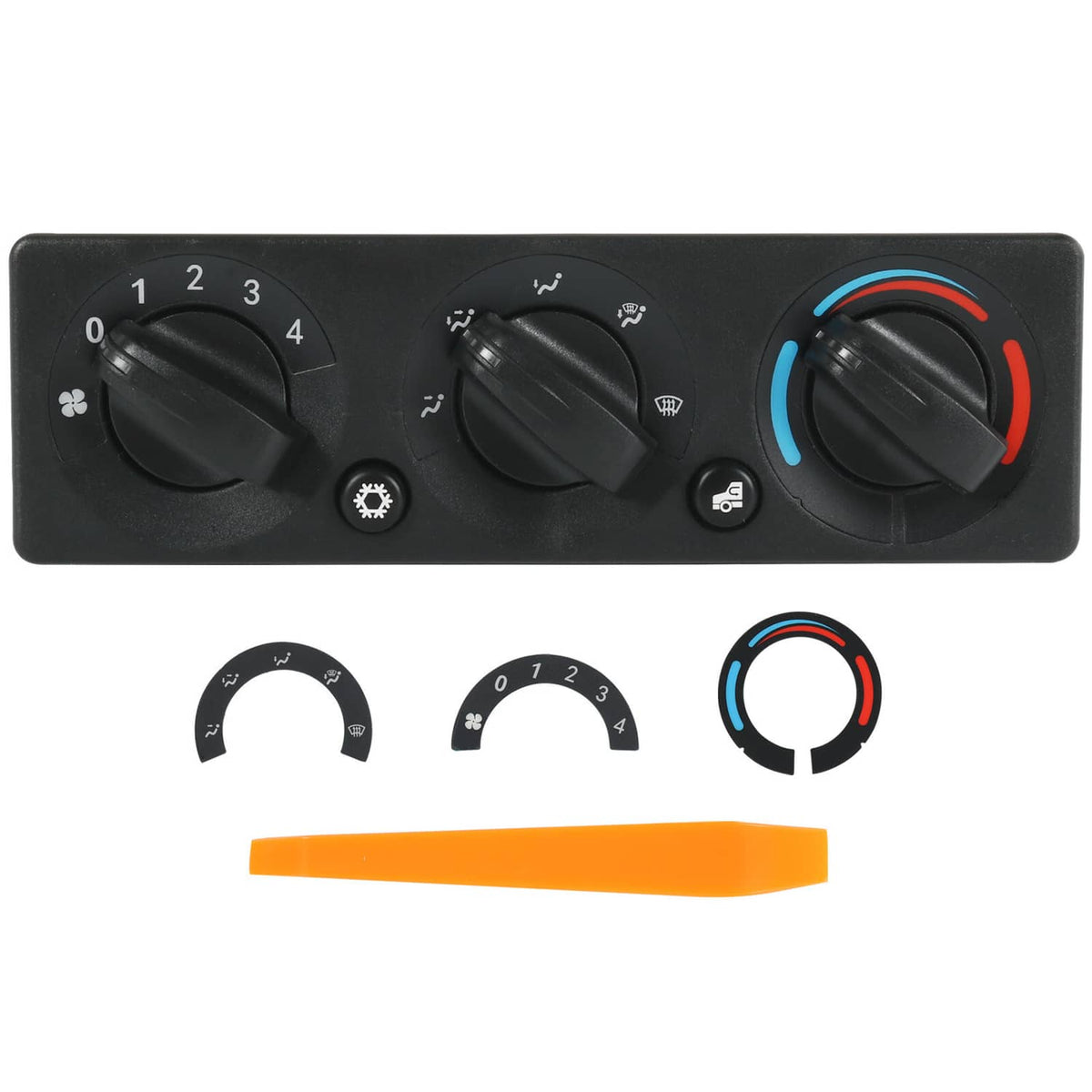 A/C climate control module panel with three rotary knobs and temperature dial ring
