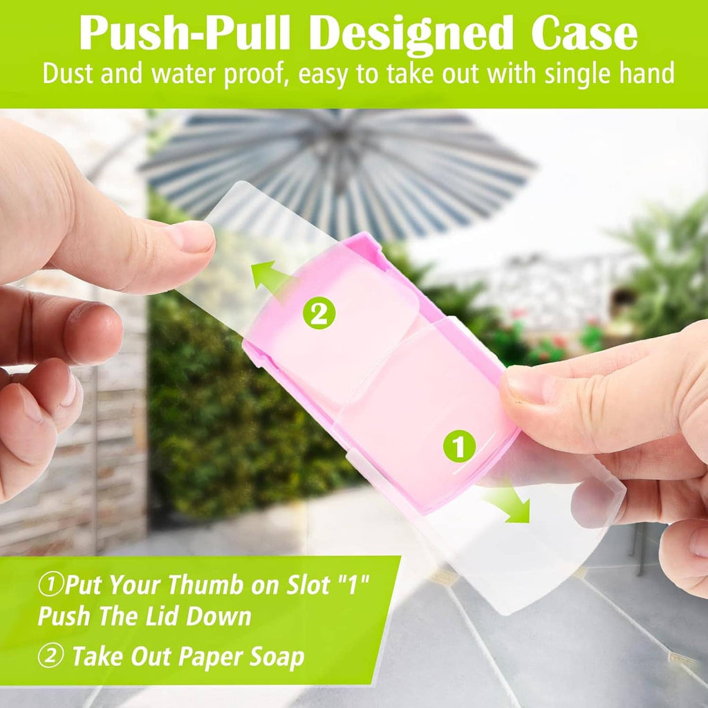 Soap sheet storage case with push-pull lid, shown being opened with one hand