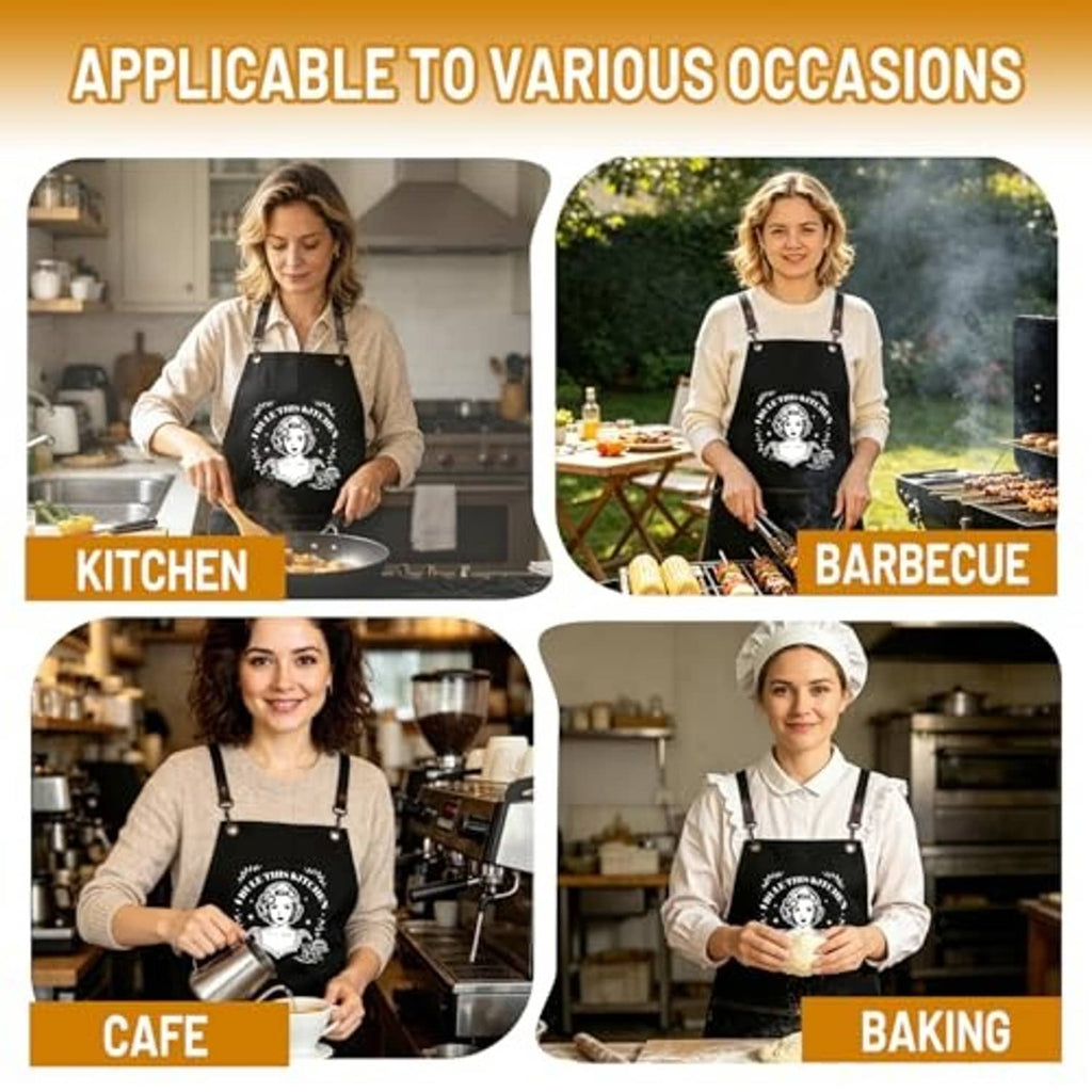 Black apron with centered chef graphic, styled for kitchen, cafe, baking, and BBQ