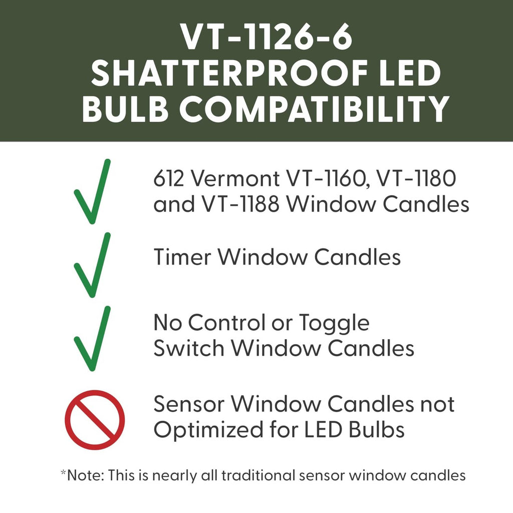 Shatterproof LED bulb compatibility for 612 Vermont VT-1160/1180 window candles