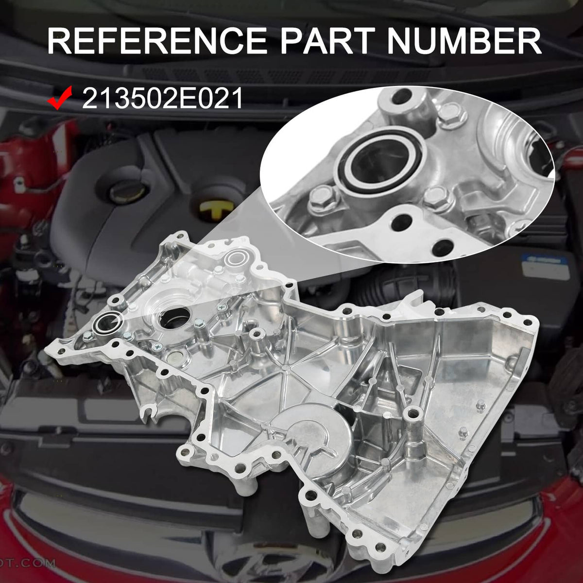Timing chain cover with round bearing opening and machined bolt holes, silver