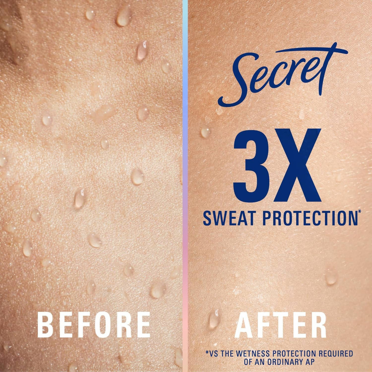 Secret Clinical antiperspirant graphic labeled 3X sweat protection, before/after
