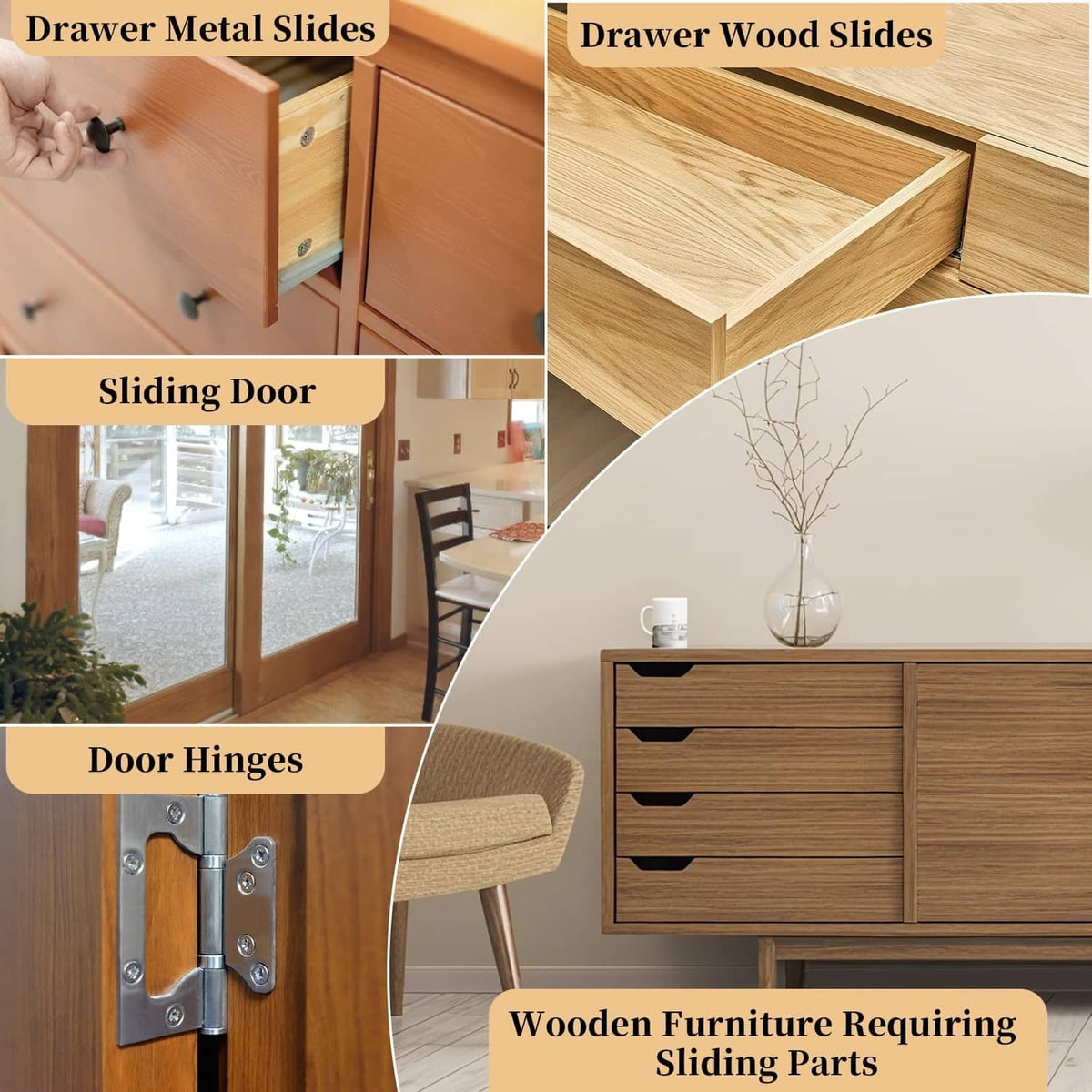 Wood lubricant for drawer metal slides, wooden slides, and door hinges on furniture