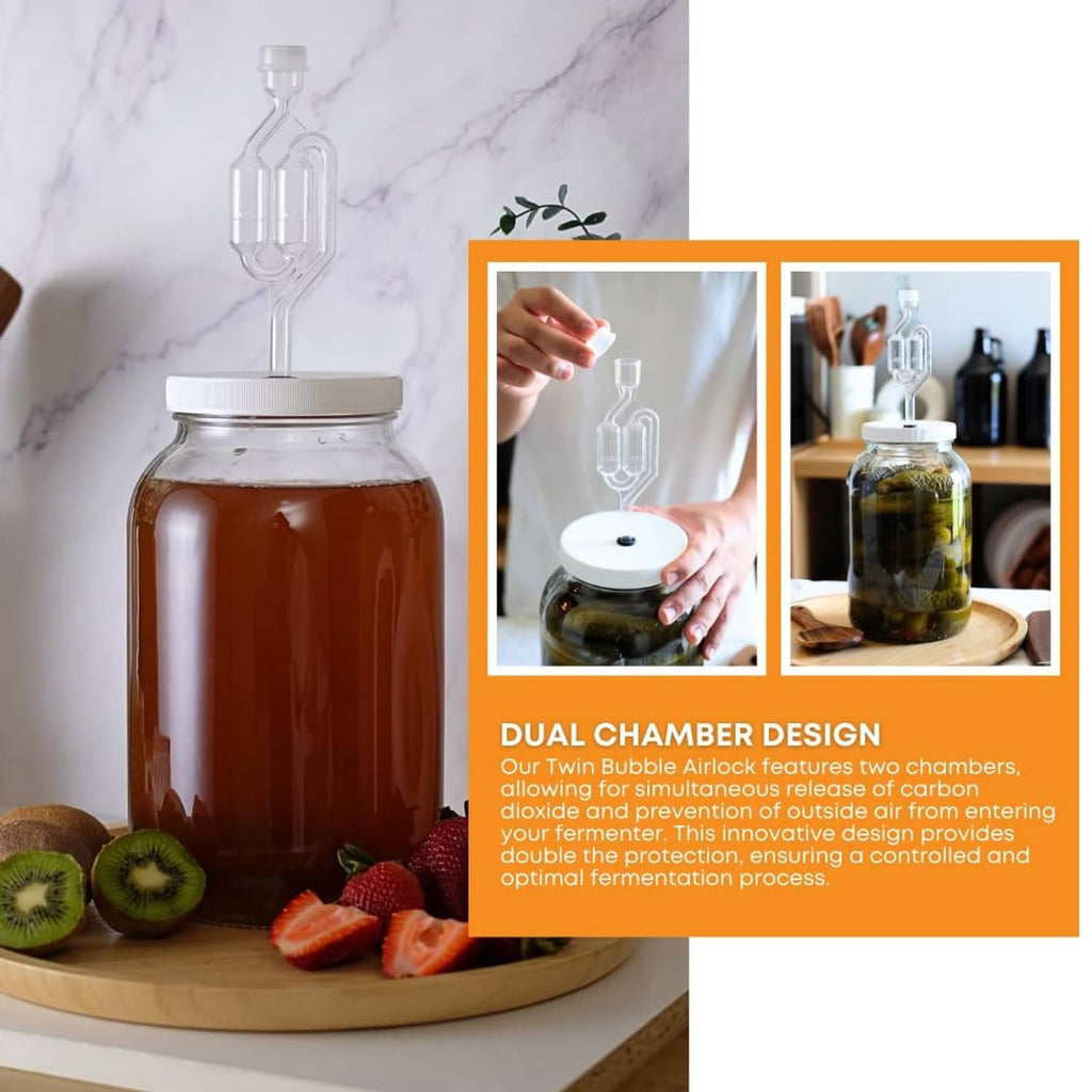 Twin bubble dual-chamber airlock with carboy bung for fermentation bottles