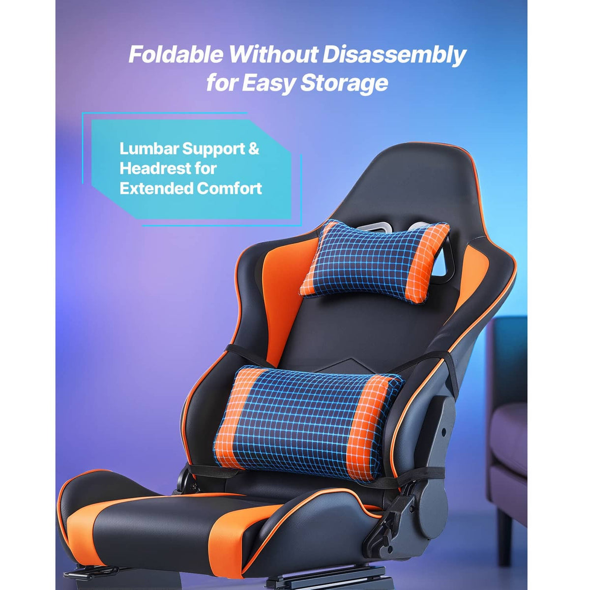 Racing wheel stand seat with lumbar and head support cushions