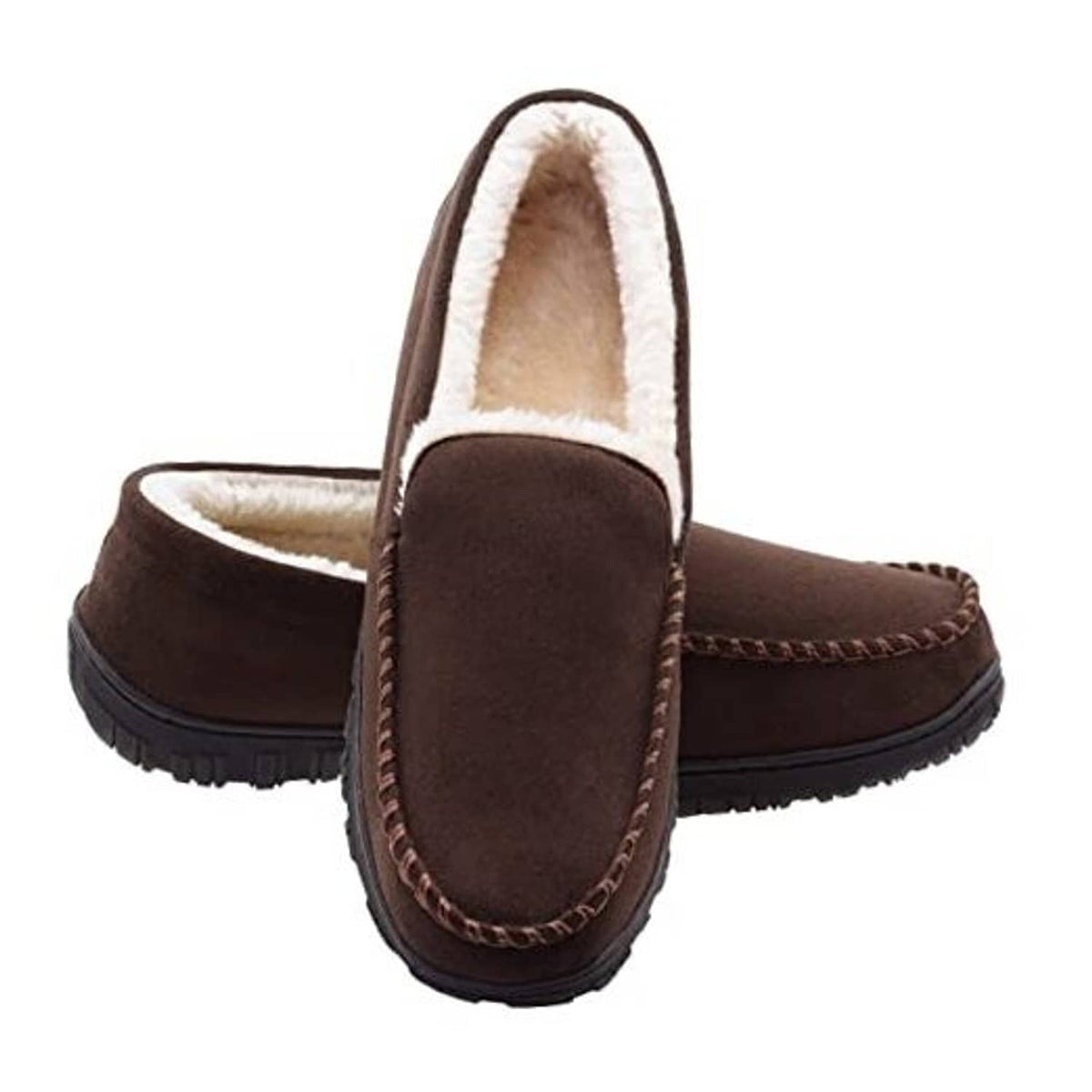 Brown men’s moccasin slippers with plush white lining and suede-look upper