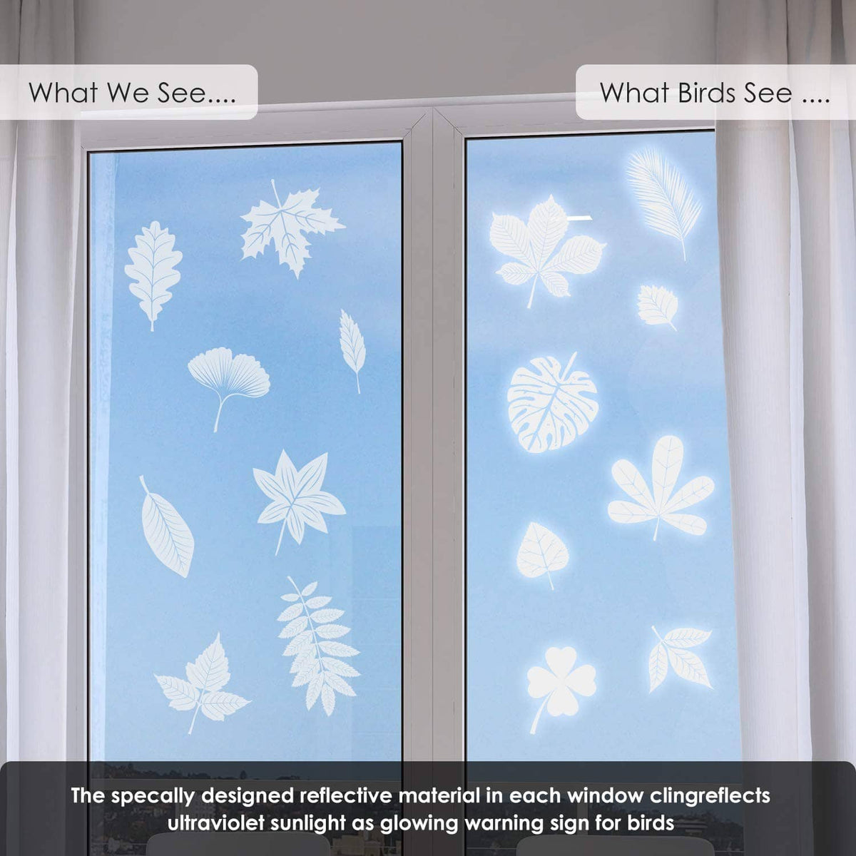 Reflective leaf window stickers, white leaf silhouettes on glass
