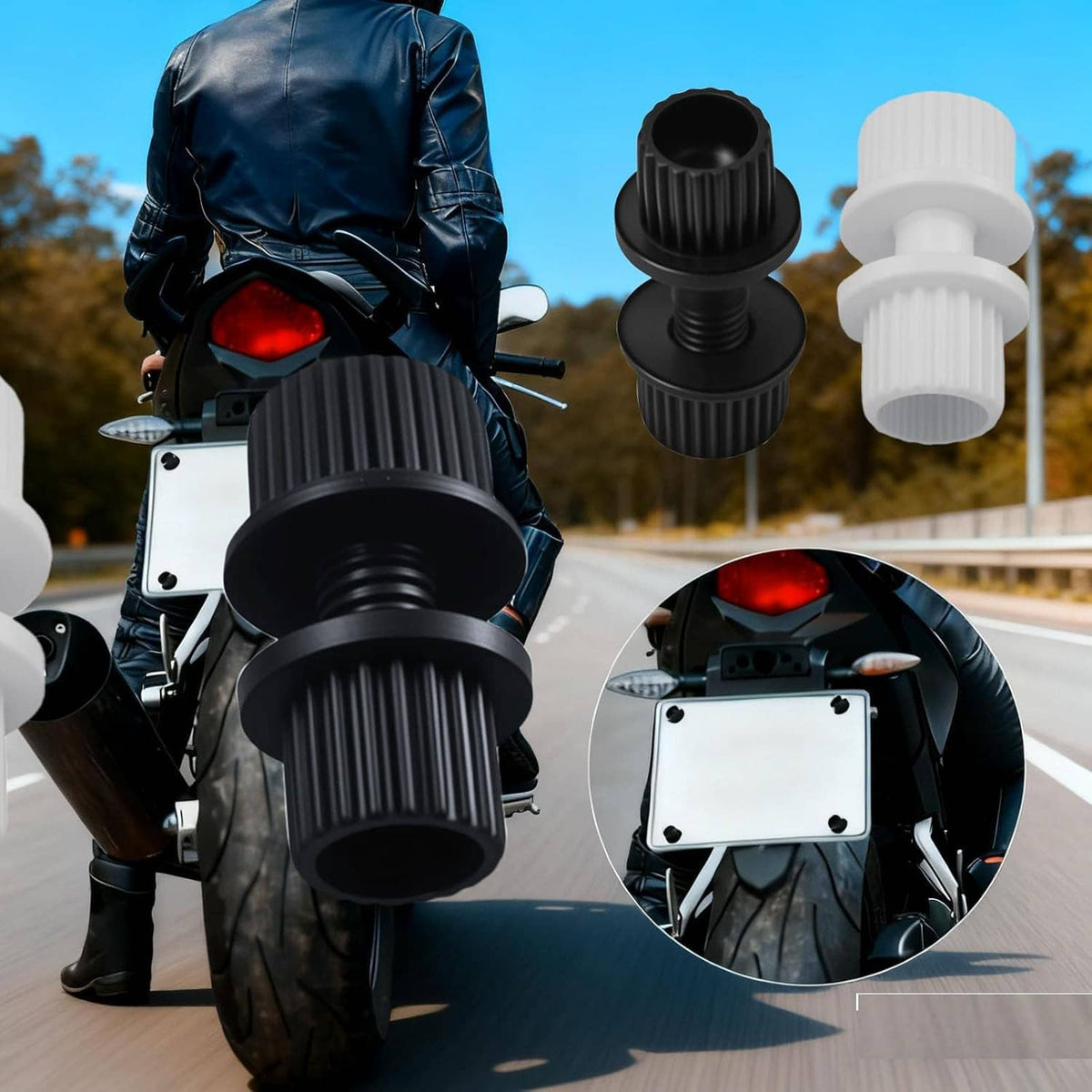 Nylon license plate screw kit with black and white ribbed caps, shown near mounted plate