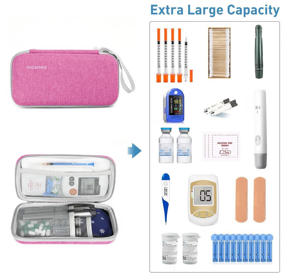 Pink insulin cooler travel case with open interior compartments for diabetes supplies