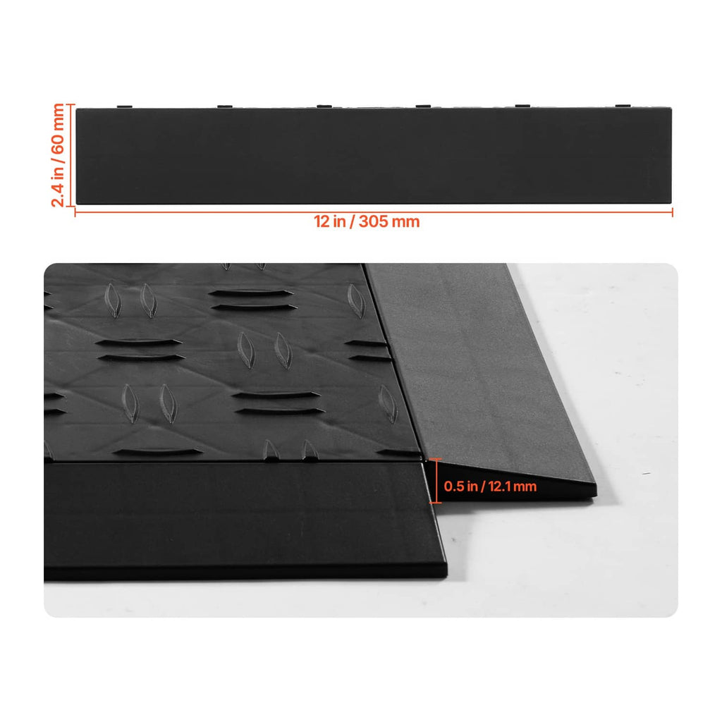 Black interlocking tile edge with embossed texture and thickness measurement labels