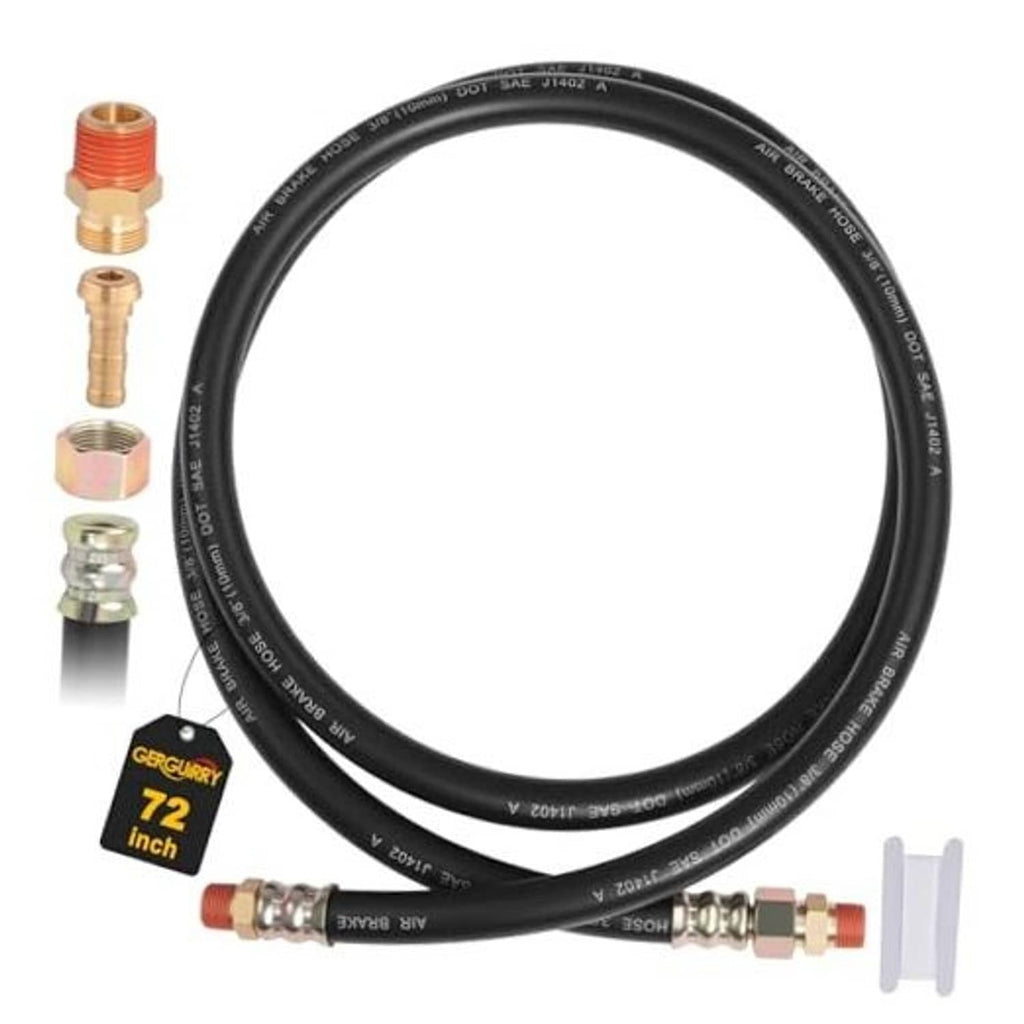 72-inch air brake hose assembly with black rubber line and brass fittings on looped hose