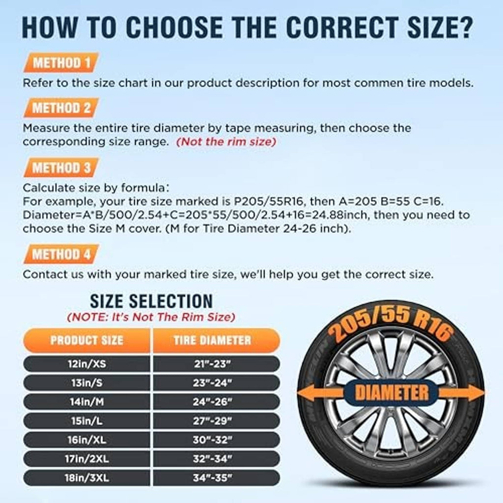 Black spare tire cover shown with tire diameter size selection chart