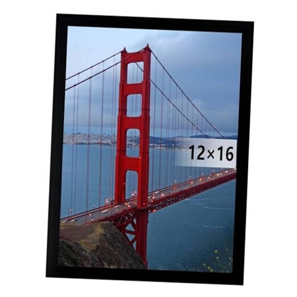 Black 12x16 picture frame displaying Golden Gate Bridge artwork.