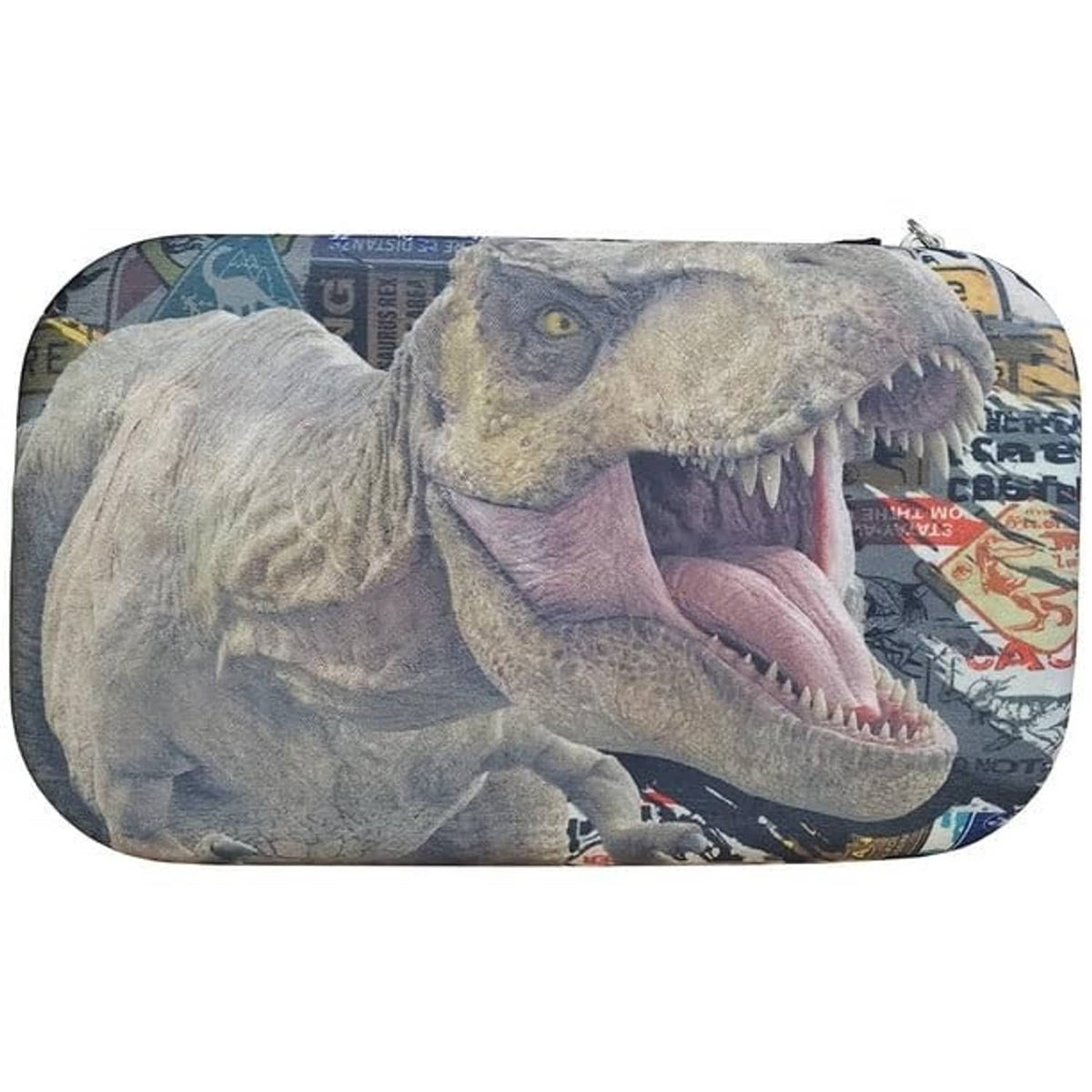 Small EVA pencil case with zipper, blue-gray dinosaur print on black-edged body.