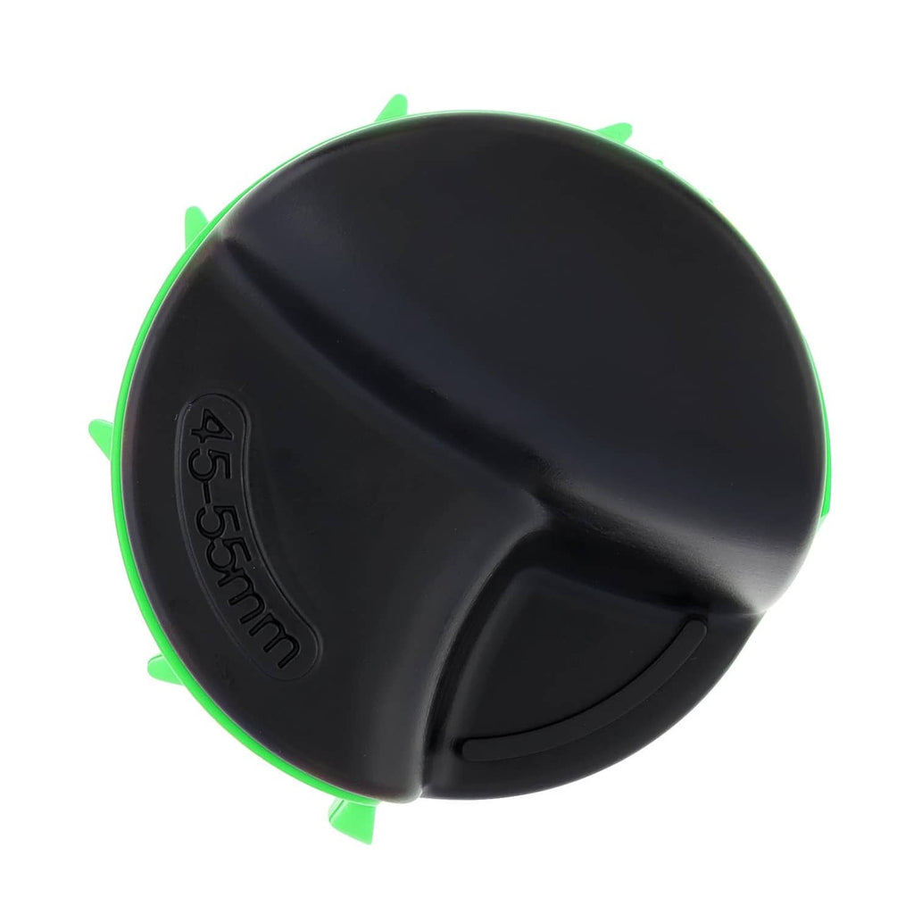 Black round cap of motorcycle fork seal cleaner tool with green side accents