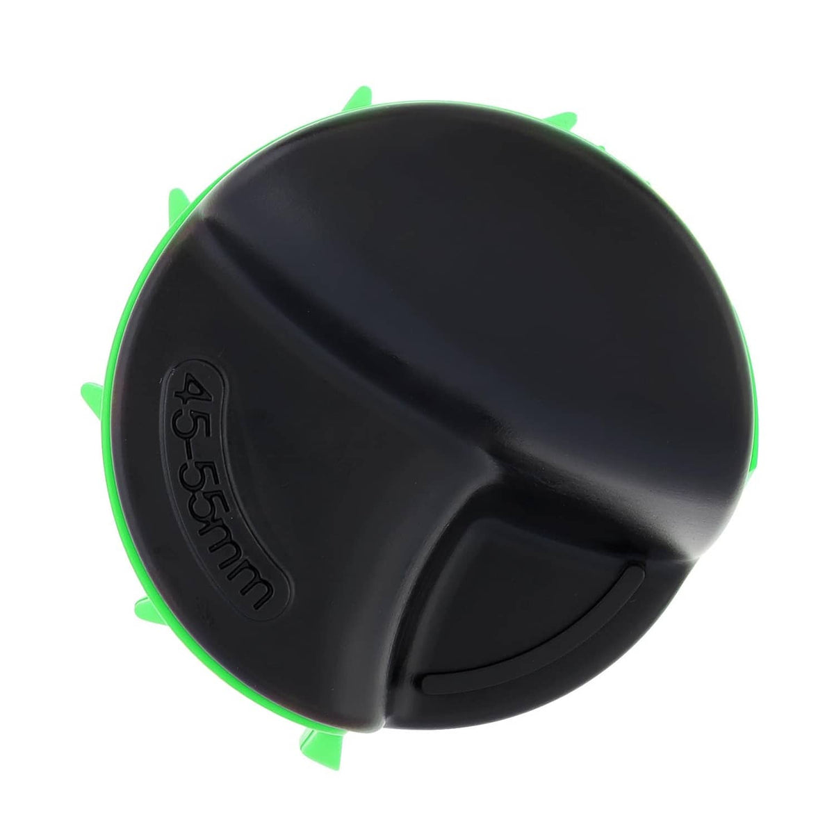 Black round cap of motorcycle fork seal cleaner tool with green side accents
