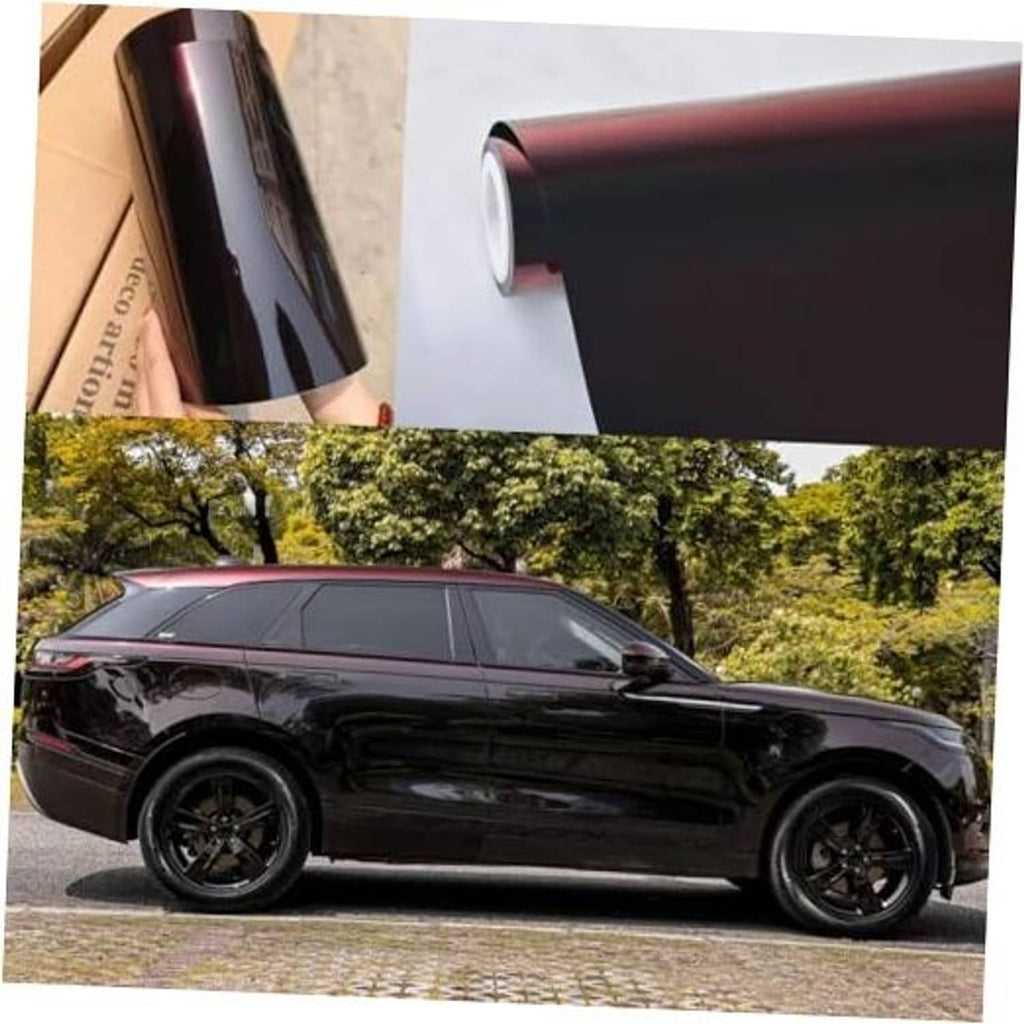 Black-to-red gloss chrome vinyl wrap film with metallic sheen, roll shown