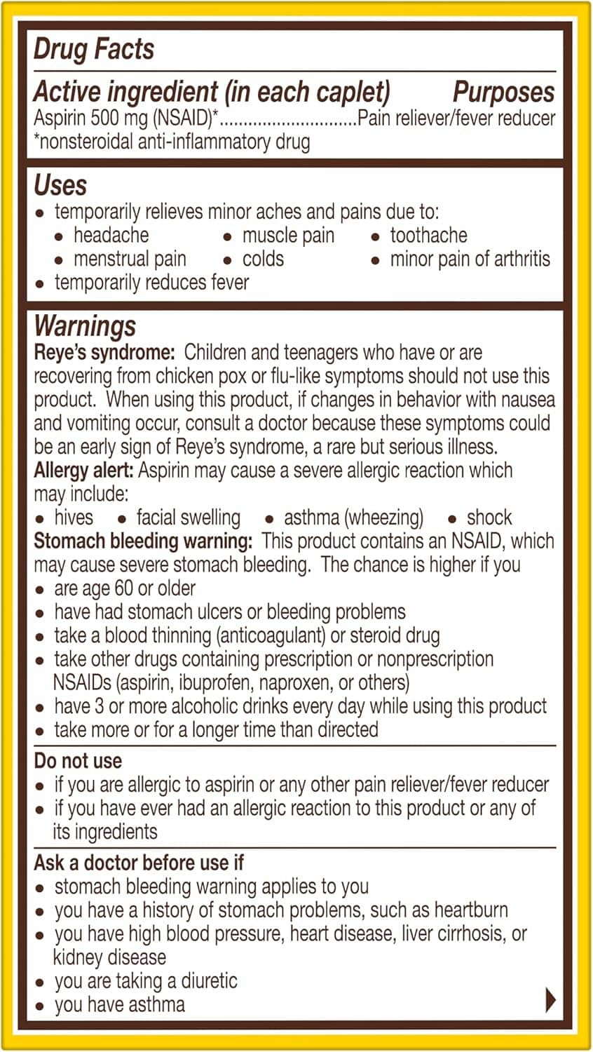 Bayer Extra Strength Aspirin Drug Facts panel listing uses, warnings, and asking doctor