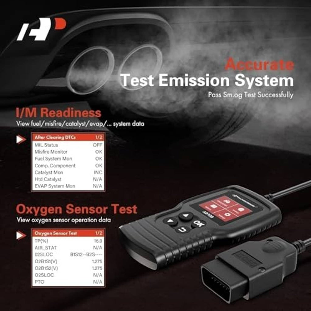 OBD2 scanner with color display, keypad, and connected OBD cable interface