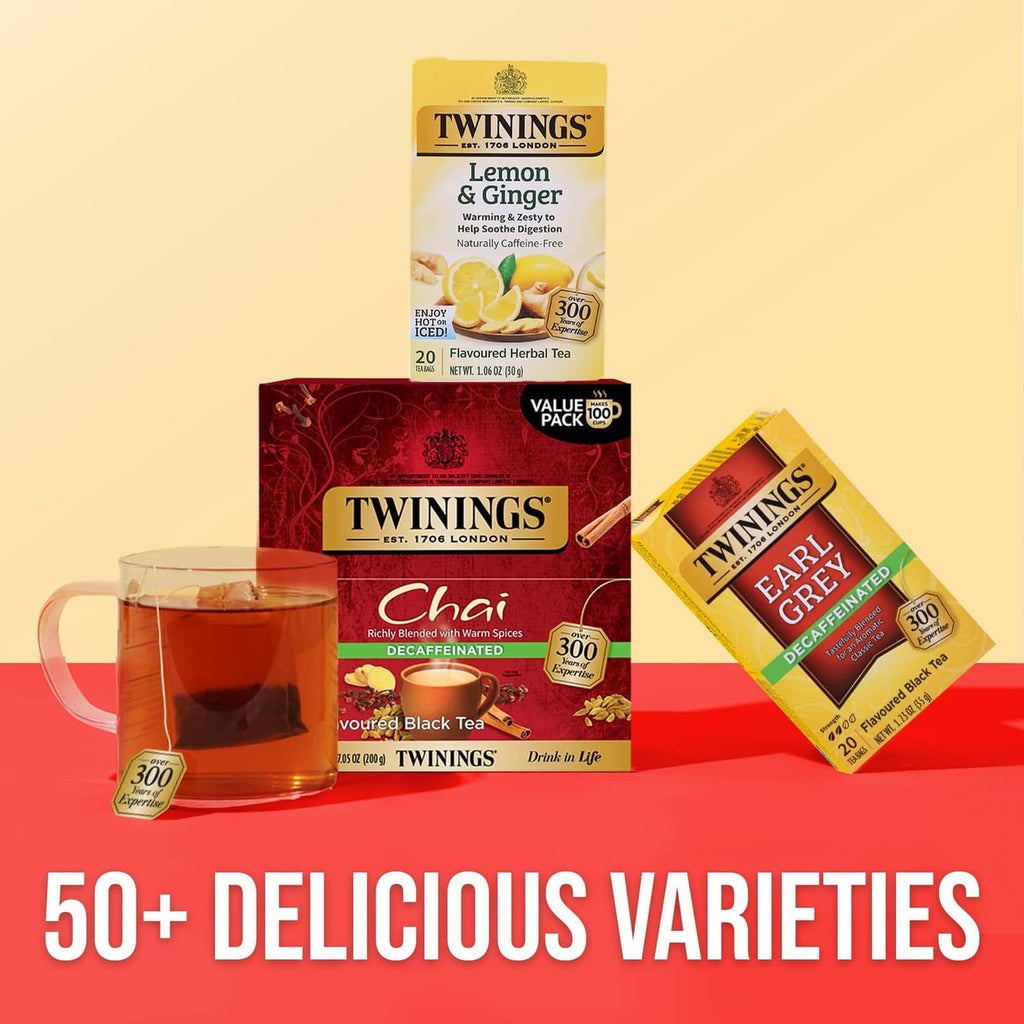 Chai decaffeinated tea box with lemon & ginger and Earl Grey decaf boxes
