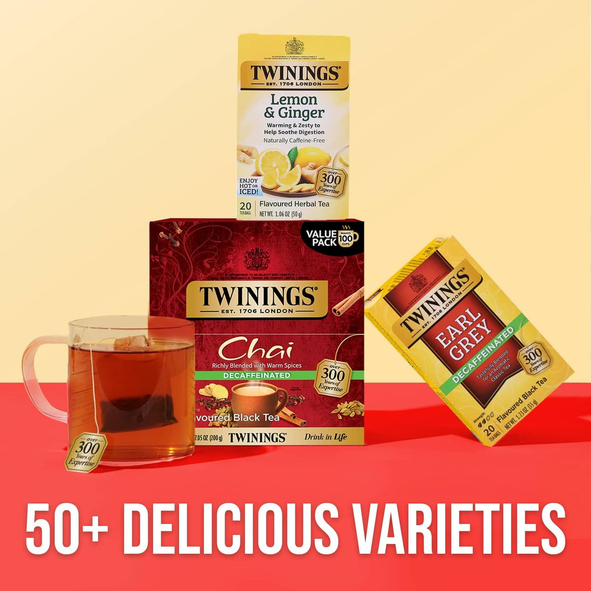 Chai decaffeinated tea box with lemon & ginger and Earl Grey decaf boxes