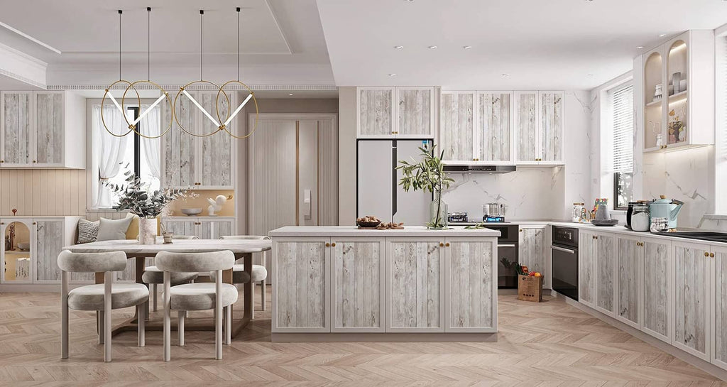 Wood grain peel-and-stick wallpaper covering kitchen cabinetry front panels with plank texture.