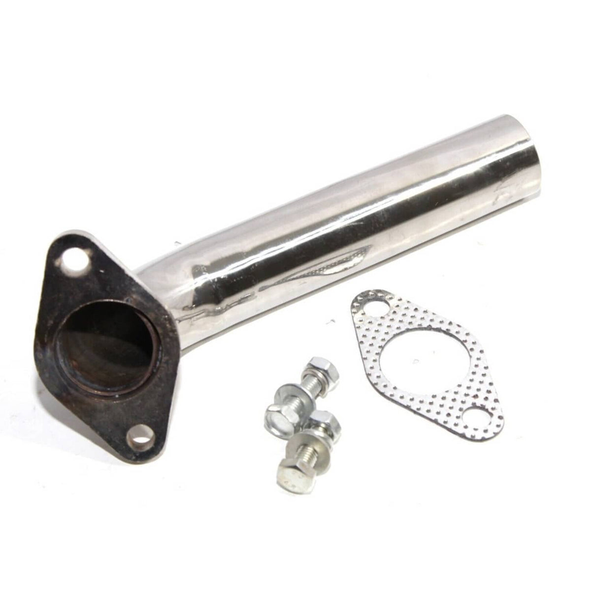 Stainless steel dump tube with flange, gasket, and hardware bolts