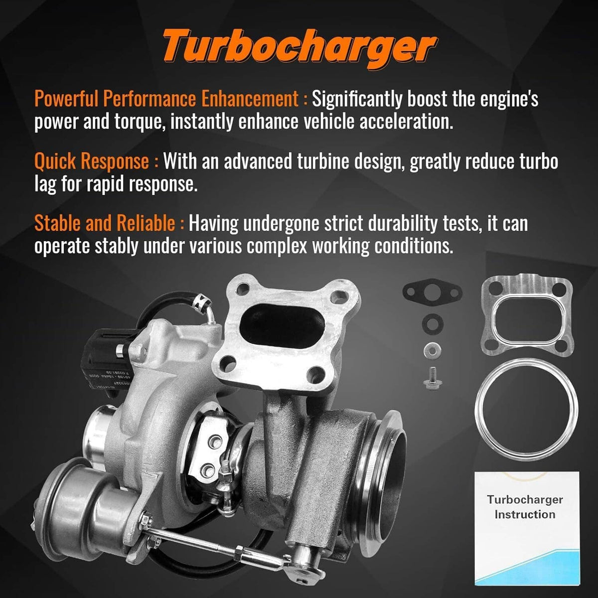 Turbocharger with silver compressor housing and black mounting bracket, front three-quarter view