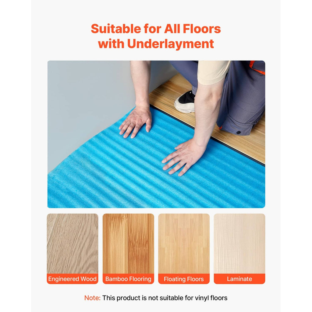 Blue floor underlayment sheet installed under wood flooring boards