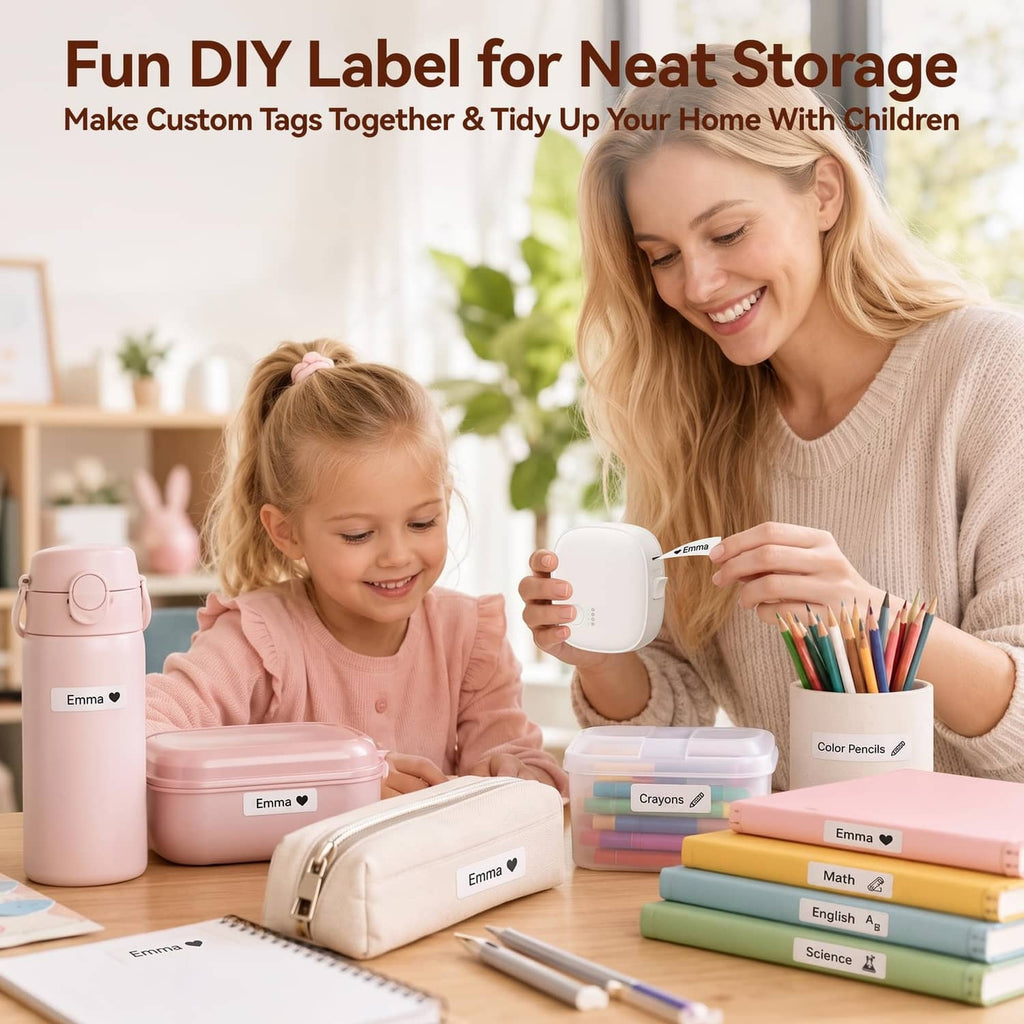 White portable mini label maker producing labels in a home workspace