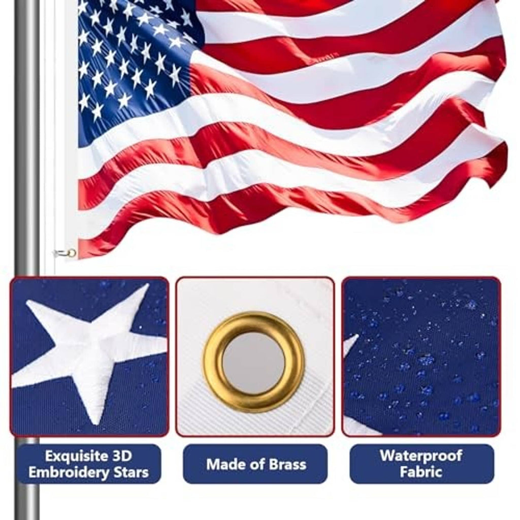 U.S. flag fabric with brass grommet ring and metal pole bracket, waterproof flag shown