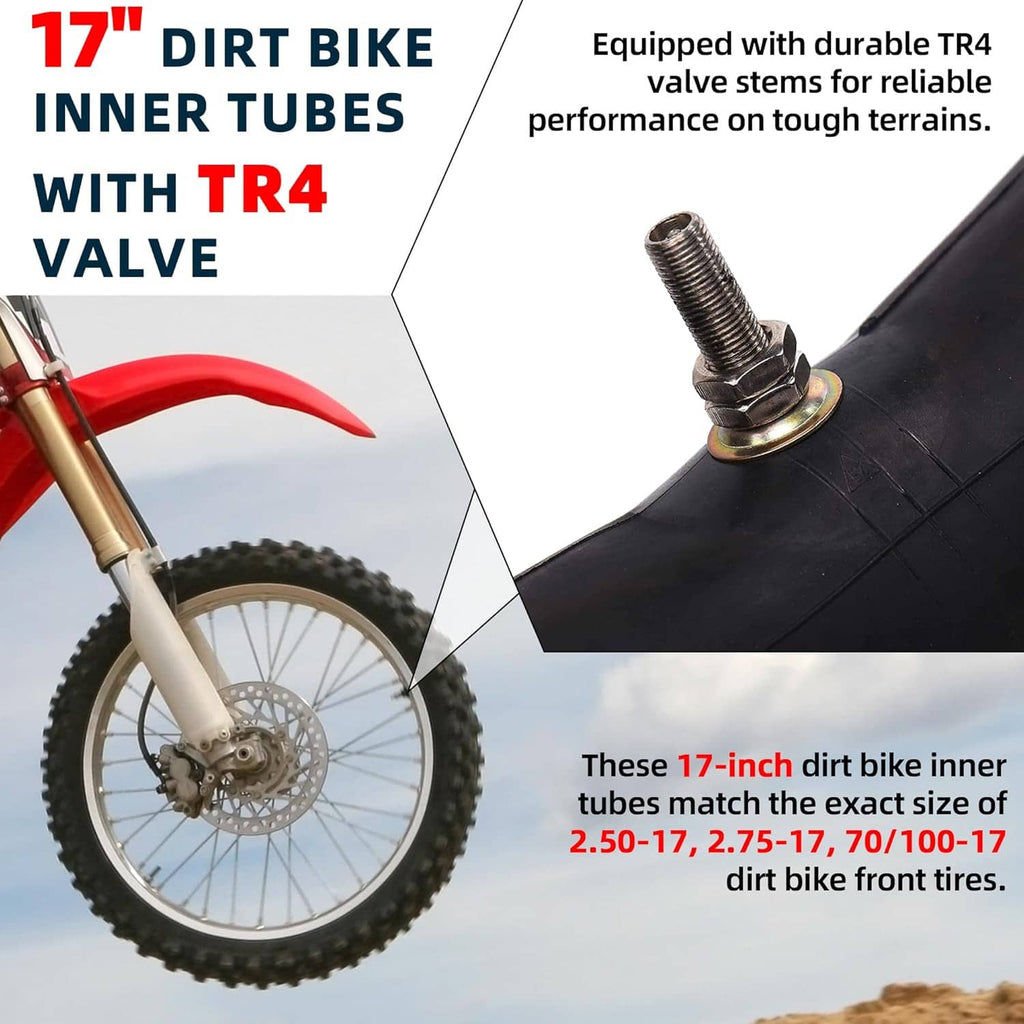 Dirt bike inner tube with TR4 valve stem, 17-inch wheel size marking