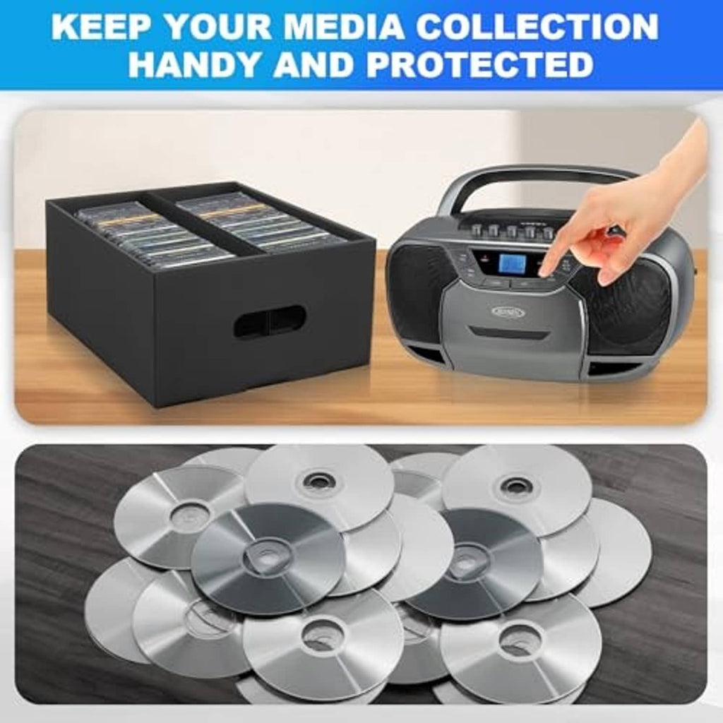 Black 2-compartment CD storage box with CDs inside, plus loose discs nearby.