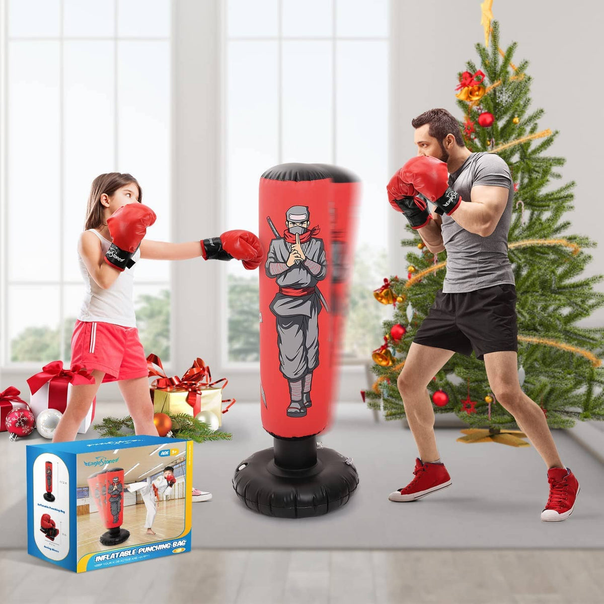 Inflatable kids punching bag with boxing gloves; red standing bag with two kids wearing gloves