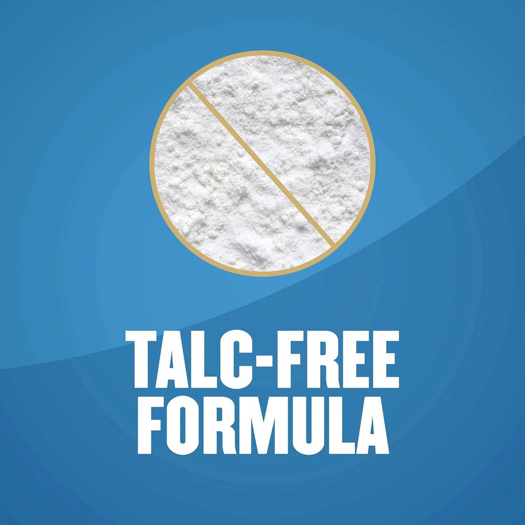 Talc-free foot powder close-up, white powder texture shown in a circular inset