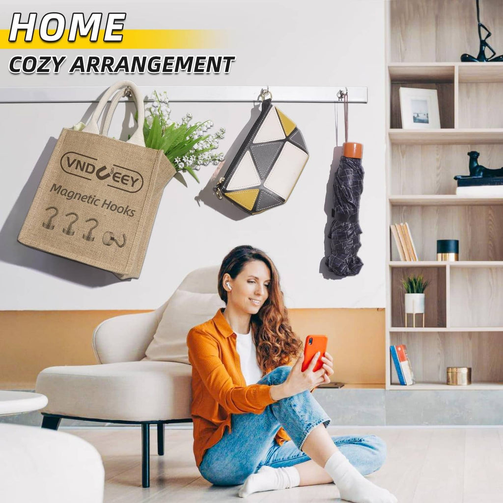 Silver magnetic hooks hanging items for home organization